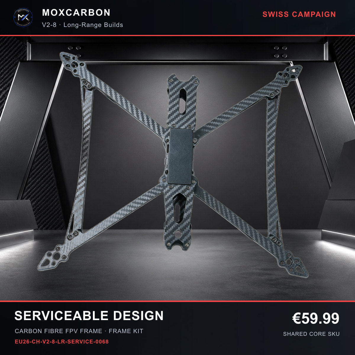 MOX MARK4 V2 8-Inch Carbon Fibre FPV Frame — Swiss Serviceable Design 0068 product image