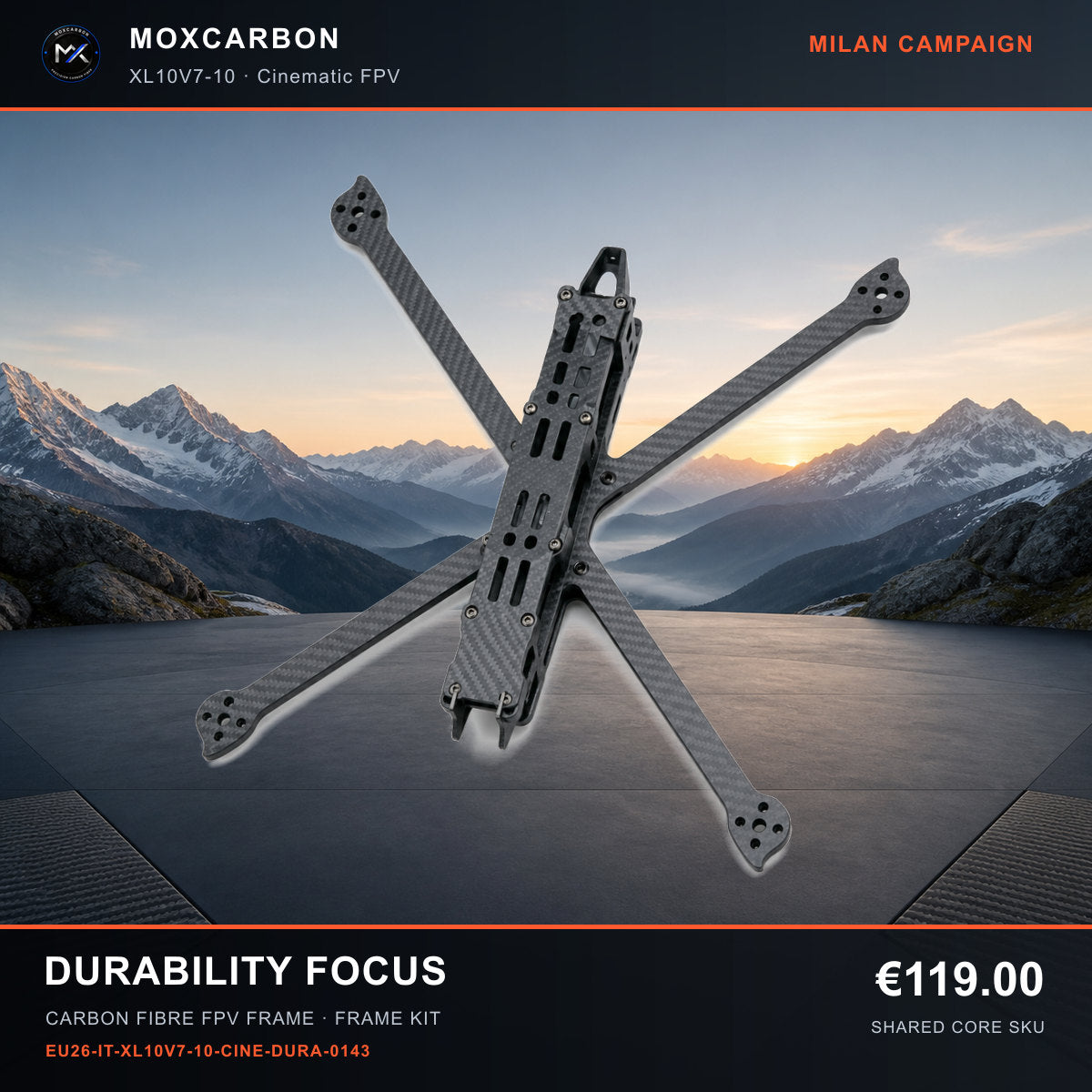 MOX XL10V7 10-Inch Carbon Fibre FPV Frame — Milan Durability Focus 0143 product image
