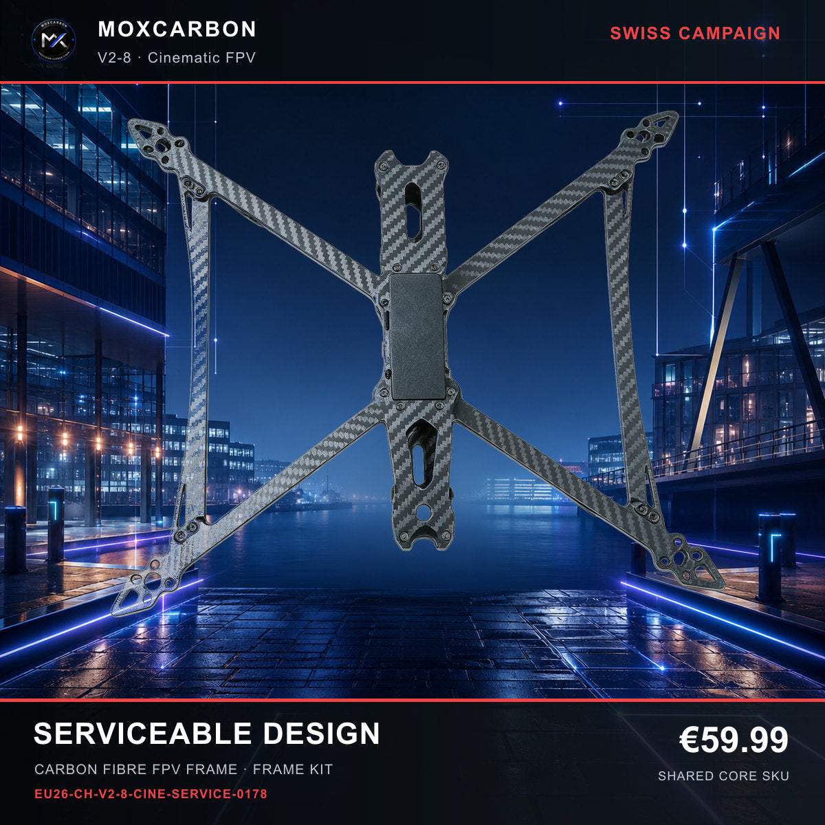 MOX MARK4 V2 8-Inch Carbon Fibre FPV Frame — Swiss Serviceable Design 0178 product image