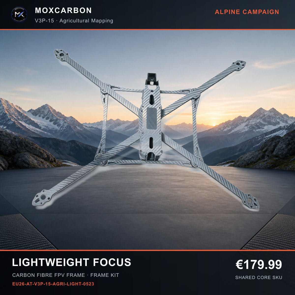 MOX MARK4 V3 Pro 15-Inch Carbon Fibre FPV Frame — Alpine Lightweight Focus 0523 product image