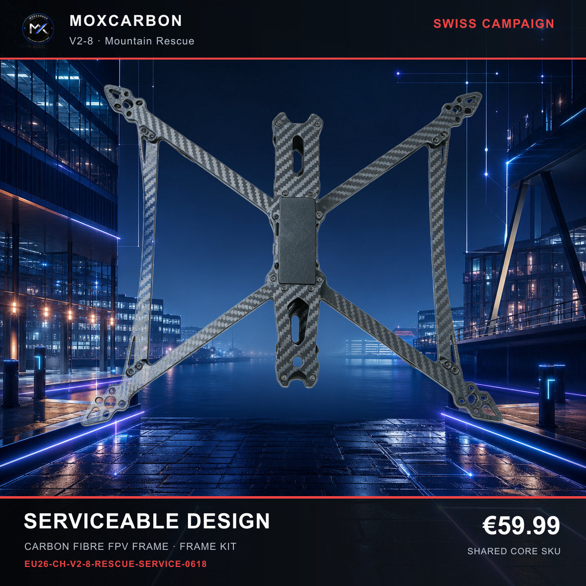 MOX MARK4 V2 8-Inch Carbon Fibre FPV Frame — Swiss Serviceable Design 0618 product image