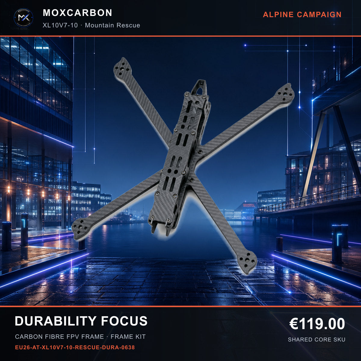 MOX XL10V7 10-Inch Carbon Fibre FPV Frame — Alpine Durability Focus 0638 product image