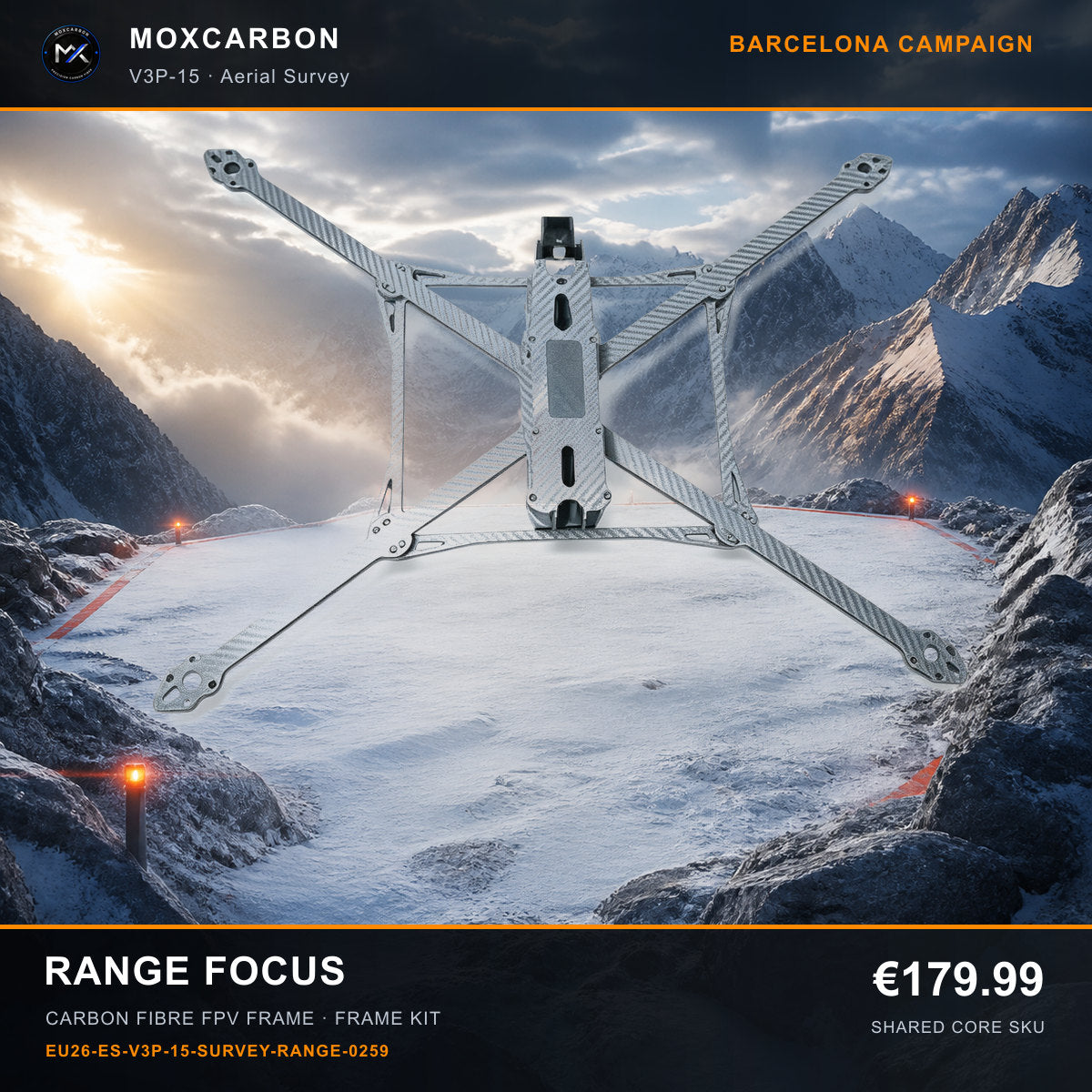 MOX MARK4 V3 Pro 15-Inch Carbon Fibre FPV Frame — Barcelona Range Focus 0259 product image