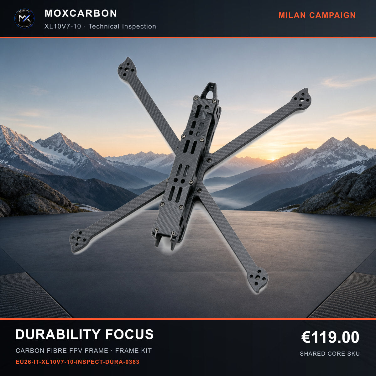 MOX XL10V7 10-Inch Carbon Fibre FPV Frame — Milan Durability Focus 0363 product image