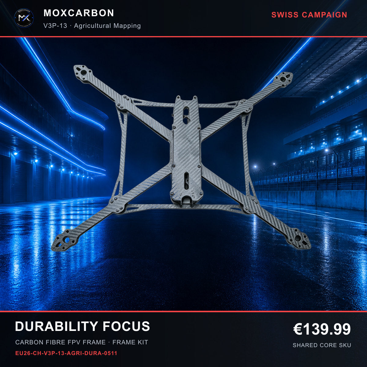 MOX MARK4 V3 Pro 13-Inch Carbon Fibre FPV Frame — Swiss Durability Focus 0511 product image
