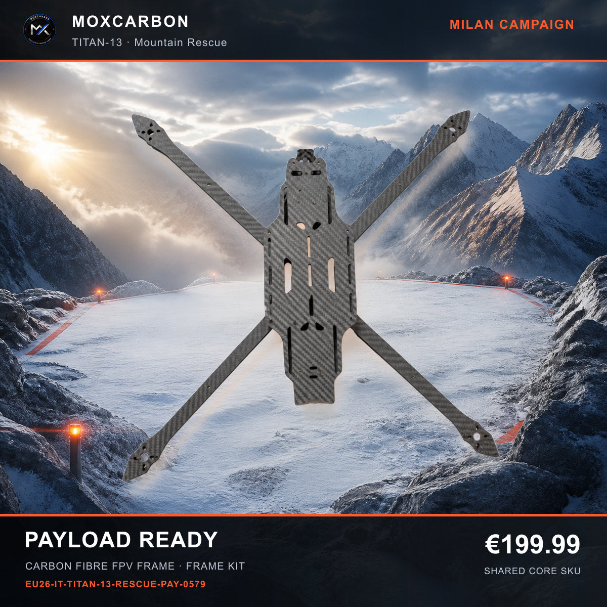 MOX MARK4 Titan GOW 13-Inch Carbon Fibre FPV Frame — Milan Payload Ready 0579 product image