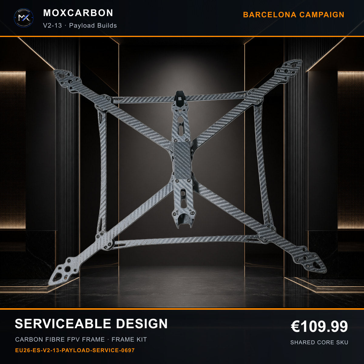 MOX MARK4 V2 13-Inch Carbon Fibre FPV Frame — Barcelona Serviceable Design 0697 product image