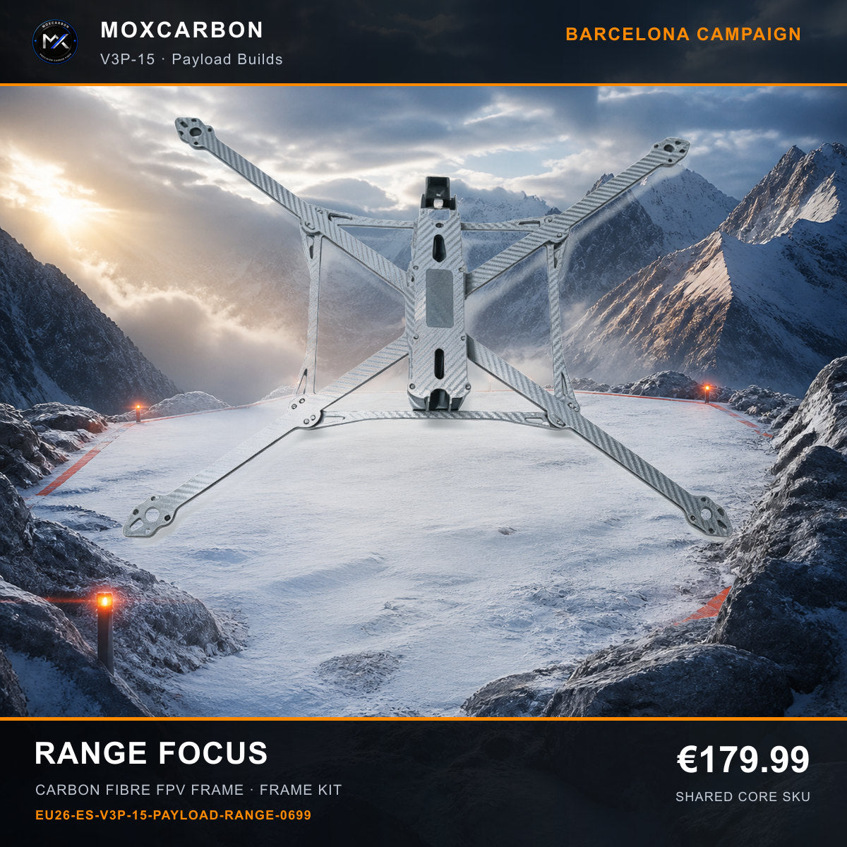 MOX MARK4 V3 Pro 15-Inch Carbon Fibre FPV Frame — Barcelona Range Focus 0699 product image