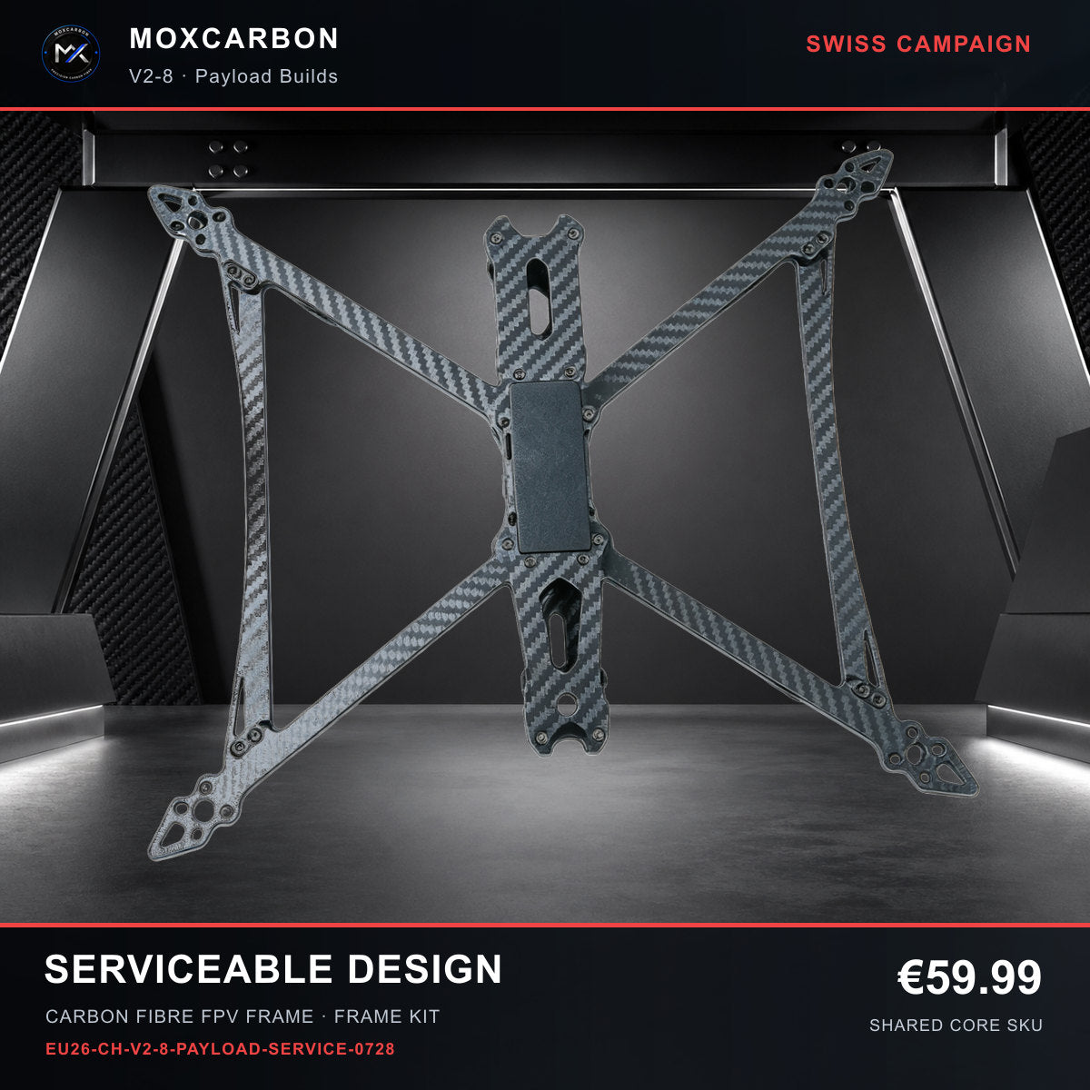 MOX MARK4 V2 8-Inch Carbon Fibre FPV Frame — Swiss Serviceable Design 0728 product image