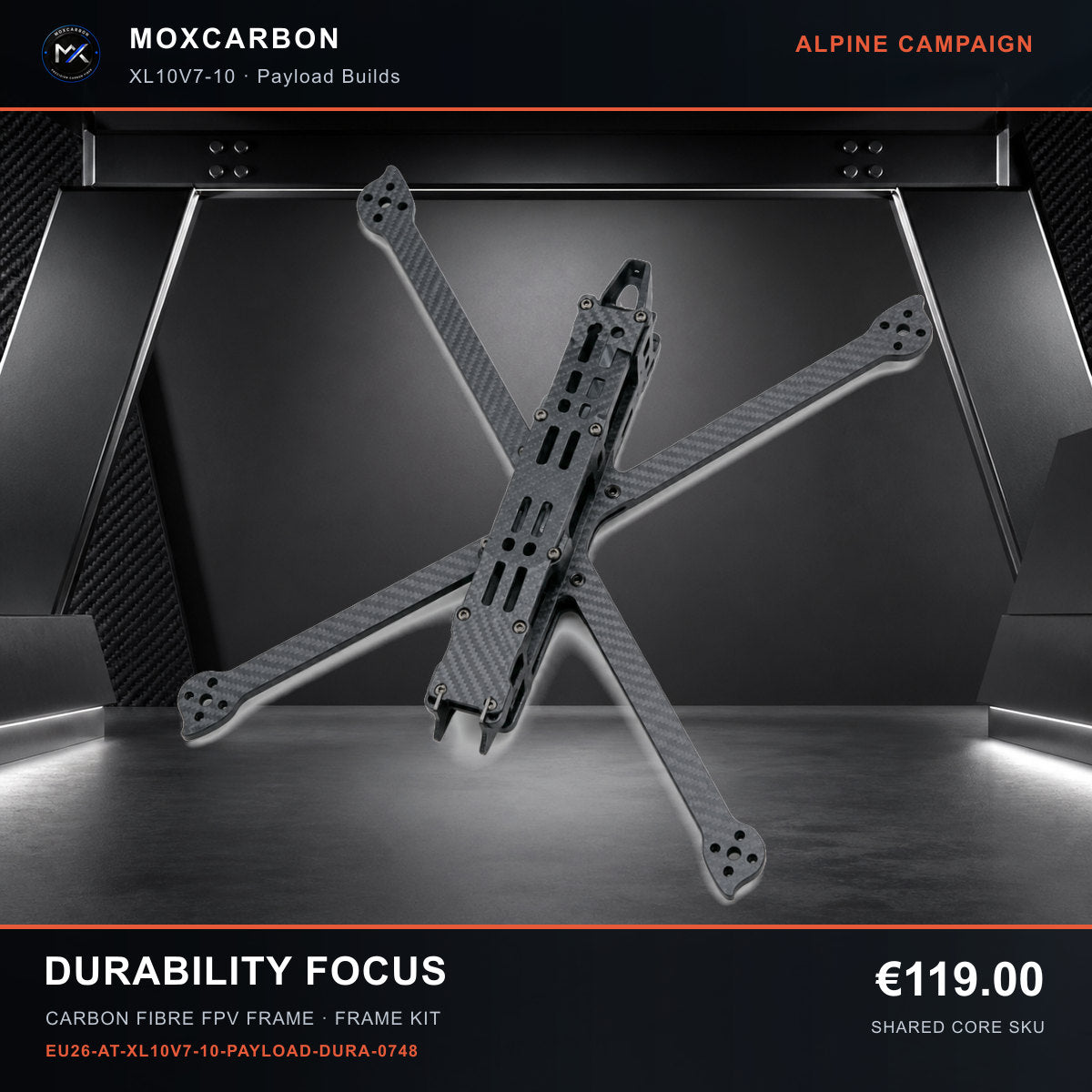 MOX XL10V7 10-Inch Carbon Fibre FPV Frame — Alpine Durability Focus 0748 product image