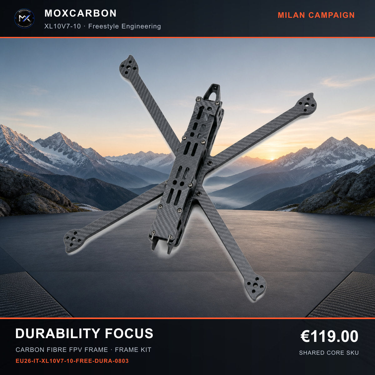 MOX XL10V7 10-Inch Carbon Fibre FPV Frame — Milan Durability Focus 0803 product image
