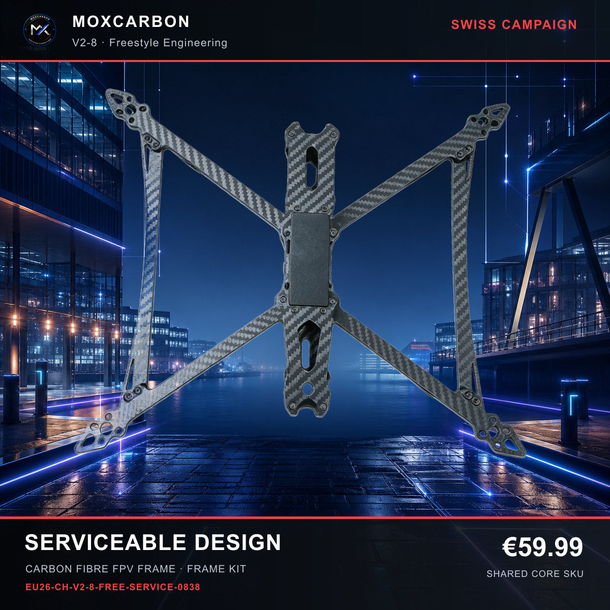MOX MARK4 V2 8-Inch Carbon Fibre FPV Frame — Swiss Serviceable Design 0838 product image