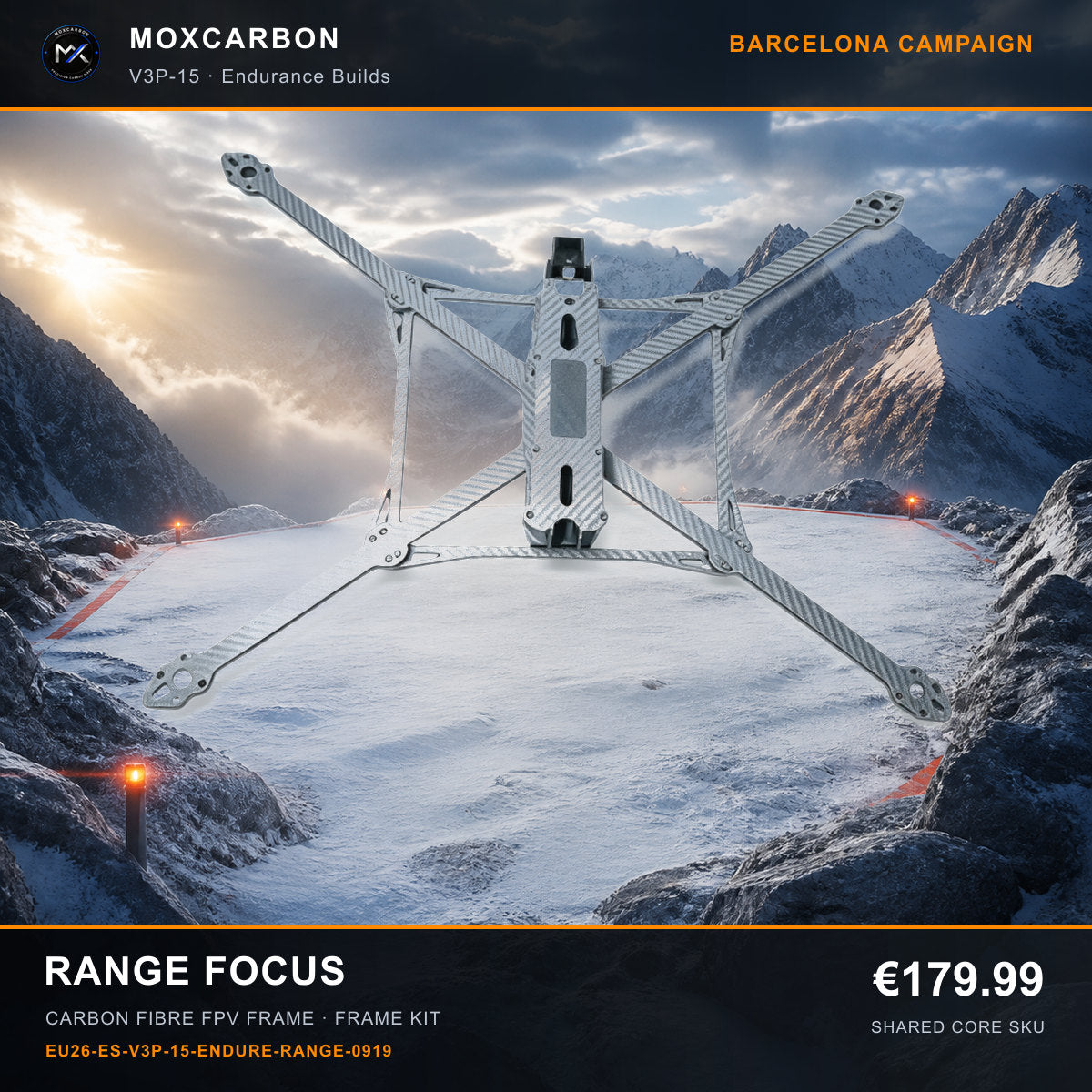 MOX MARK4 V3 Pro 15-Inch Carbon Fibre FPV Frame — Barcelona Range Focus 0919 product image