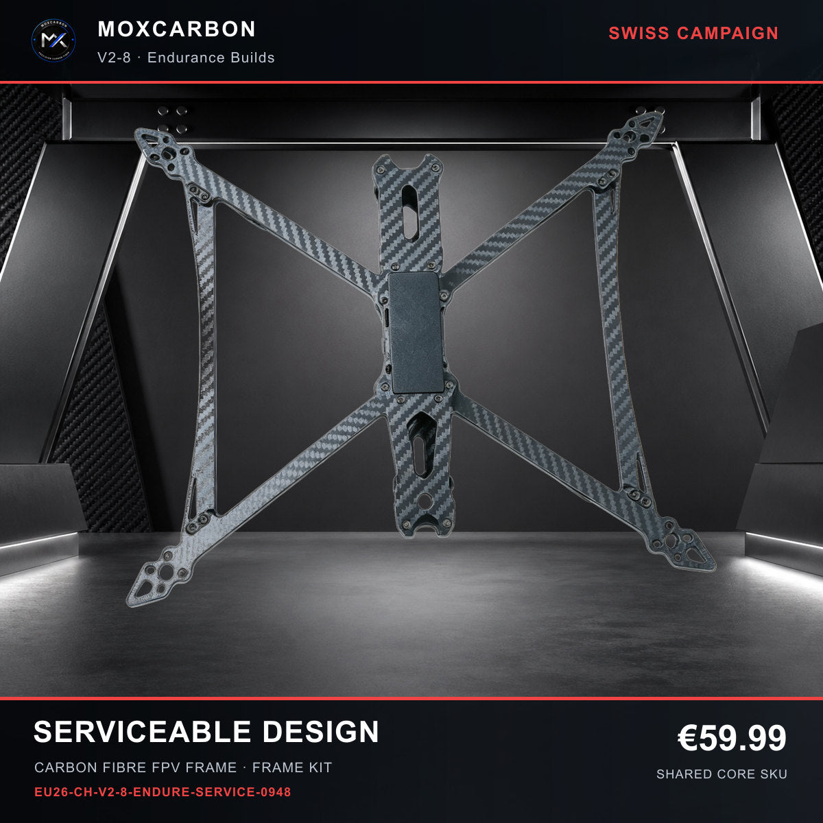 MOX MARK4 V2 8-Inch Carbon Fibre FPV Frame — Swiss Serviceable Design 0948 product image